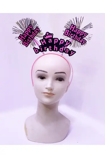 Happy Birthday Püsküllü Neon Pembe Renk Doğum Günü Tacı 22x19 cm  