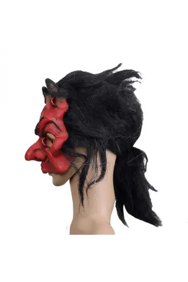 Lateks Korku Maskesi Şeytan Boynuzlu Kırmızı Maske Saçlı  