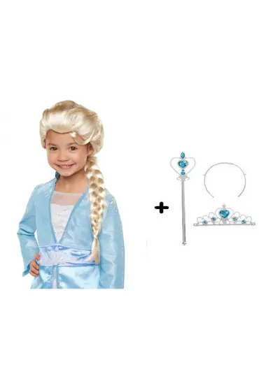 Örgülü Karlar Ülkesi Frozen Elsa Peruğu Tacı ve Sopası Çocuk Boy  