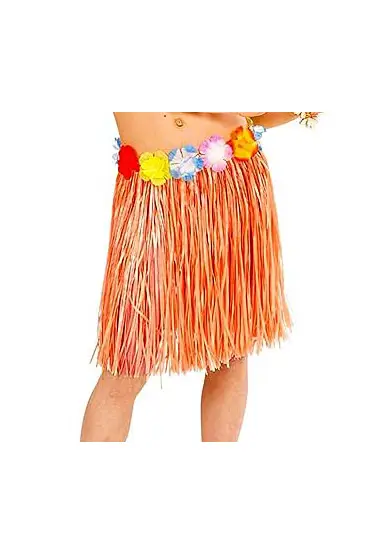 Yetişkin ve Çocuk Uyumlu Turuncu Renk Püsküllü Hawaii Luau Hula Etek 40 cm  