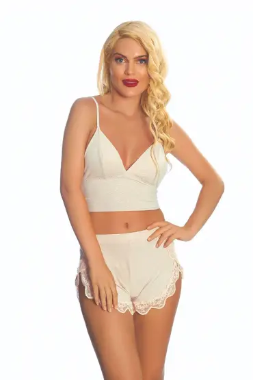 Ekru Lcralı Babydoll Şortlu Takım