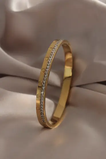  741 -  316L Çelik Gold Renk Cartier Model Zirkon Taşlı Kadın Kelepçe