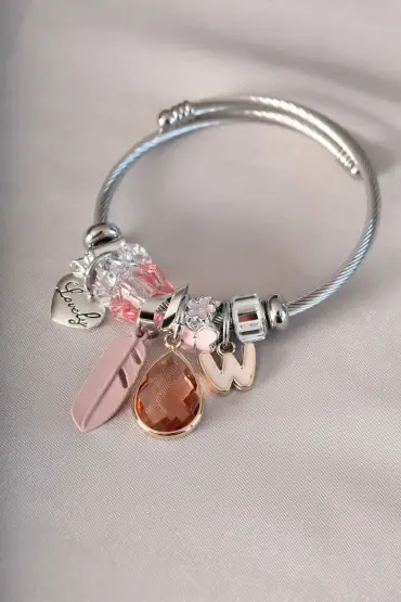  741 -  Pembe Tüy Detaylı Kristal Taşlı Charm Bileklik