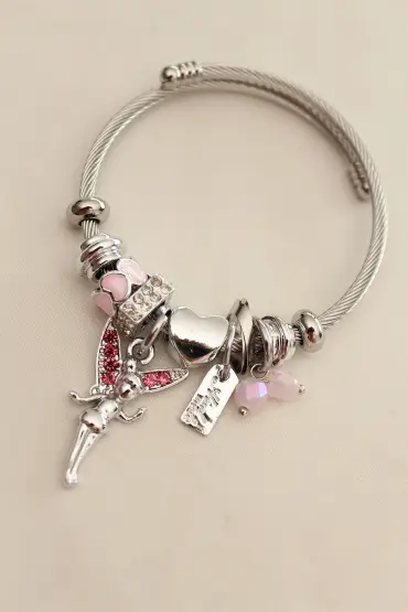  741 -  Pembe Zirkon Taşlı Kalp Detaylı Peri Model Charm Bilezik