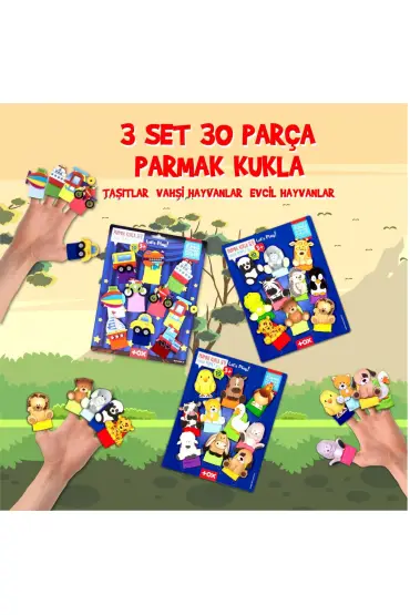  247 3 Set - 30 Parça  Taşıtlar, Evcil ve Vahşi Hayvanlar Parmak Kukla