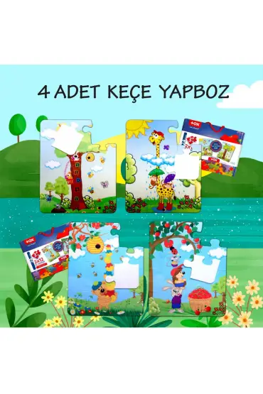  247 4 Set - 48 Parça  Zurafa ve Elmacı Ayı 3+ Keçe Yapboz - 3 Yaş Puzzle