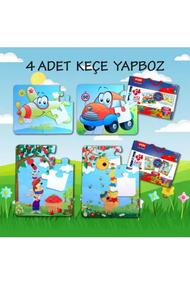  247 4 Set - 48 Parça  Uçak, Araba ve Elmacı Ayı 3+ Keçe Yapboz - 3 Yaş Puzzle