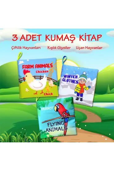  247 3 Kitap  İngilizce Kışlık Giysiler , Uçan ve Çiftlik Hayvanları Kumaş Sessiz Kitap