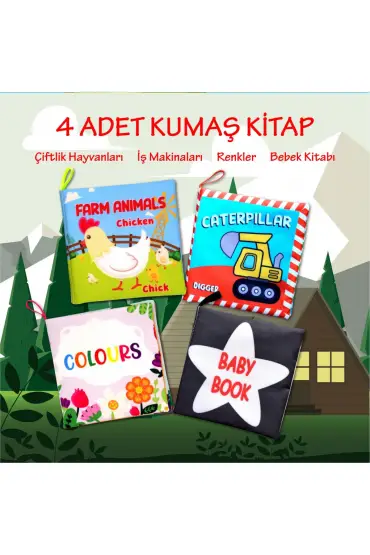  247 4 Kitap  İngilizce Renkler , İş Makinaları , Çiftlik Hayvanları ve Bebek Kumaş Sessiz Kitap