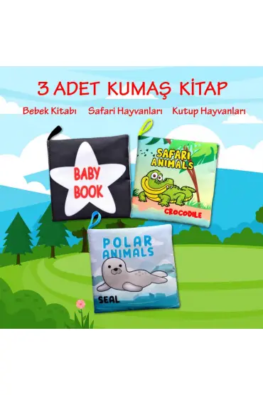  247 3 Kitap  İngilizce Siyah-Beyaz Bebek , Safari ve Kutup Hayvanları Kumaş Sessiz Kitap