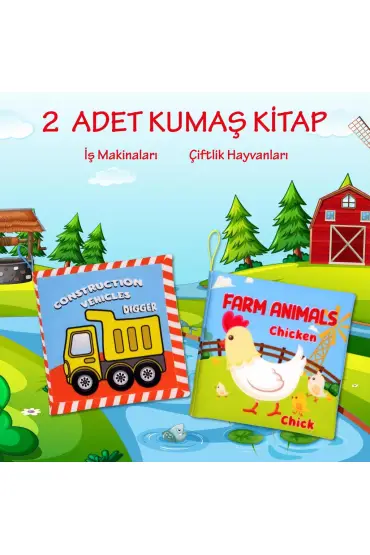  247 2 Kitap  İngilizce İş Makinaları ve Çiftlik Hayvanları Kumaş Sessiz Kitap