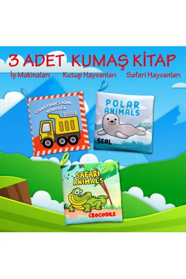  247 3 Kitap  İngilizce İş Makinaları , Kutup ve Safari Hayvanları Kumaş Sessiz Kitap