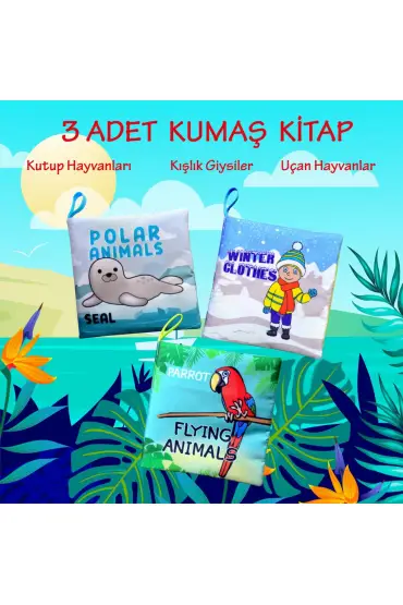  247 3 Kitap  İngilizce Kutup Hayvanları , Uçan Hayvanlar ve Kışlık Giysiler Kumaş Sessiz Kitap