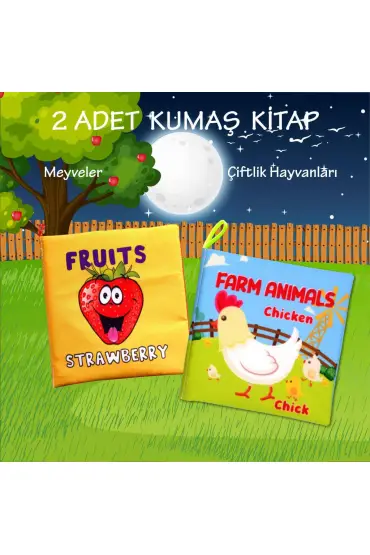  247 2 Kitap  İngilizce Meyveler ve Çiftlik Hayvanları Kumaş Sessiz Kitap