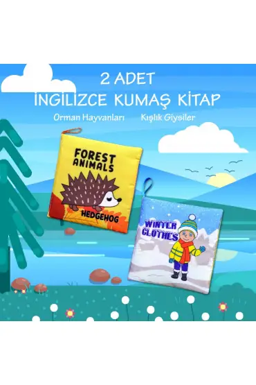  247 2 Kitap  İngilizce Orman Hayvanları ve Kışlık Giysiler Kumaş Sessiz Kitap