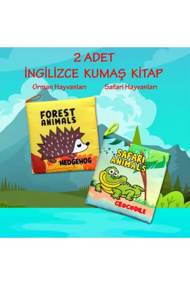  247 2 Kitap  İngilizce Orman Hayvanları ve Safari Hayvanları Kumaş Sessiz Kitap