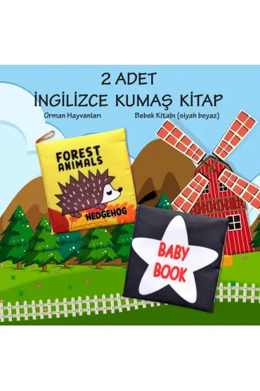  247 2 Kitap  İngilizce Orman Hayvanları ve Siyah Beyaz Bebek Kumaş Sessiz Kitap