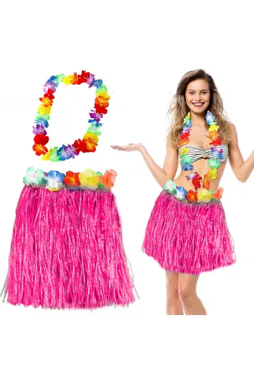 Hawaii Luau Aloha Pembe Püsküllü 40 cm Etek ve Hawaii Kolye Seti  