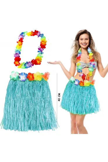 Hawaii Luau Aloha Mavi Püsküllü 40 cm Etek ve Hawaii Kolye Seti  