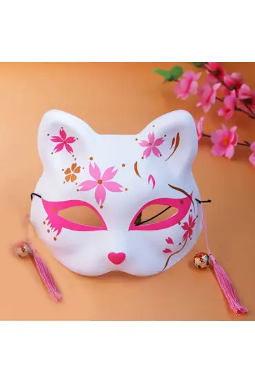 Pembe Püsküllü Boncuklu Plastik Kedi Maskesi 3 No 17x18 cm