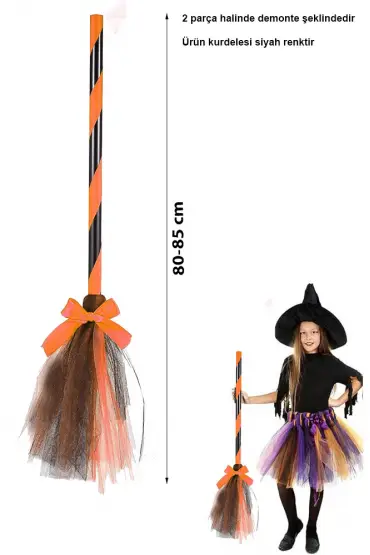 Turuncu Cadı Süpürgesi - Halloween Siyah Fiyonklu Tüllü Cadı Süpürgesi 80-85 cm