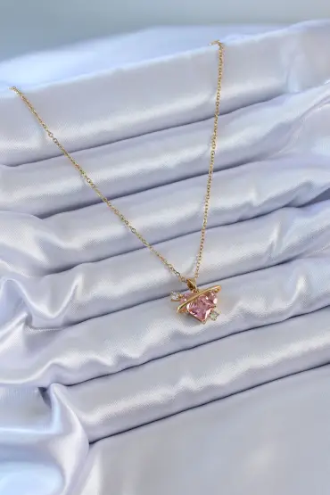   316L Çelik Gold Renk Pembe Kristal Kalp Model Zirkon Taş Detay Kadın Kolye