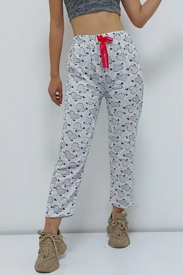  199 Kalp Desenli İçi Pamuklu Pijama Altı Gri