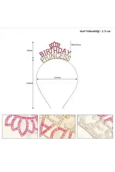 Kristal Taşlı Pembe Birthday Princess Yazılı Parti Tacı 19x11 cm  