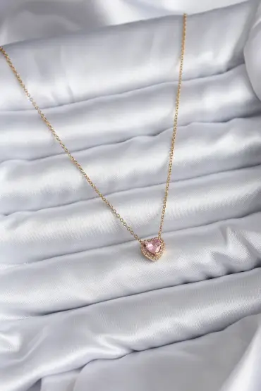   316L Çelik Zincir Gold Renk Pembe Zirkon Taşlı Charm Kadın Kolye