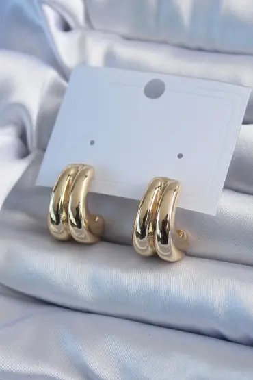  943  Gold Renk Çift Yarım Halka Model Pirinç Kadın Küpe