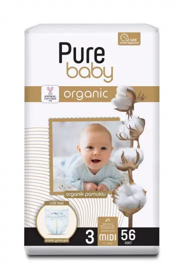  193  Pure  Organik Bebek Bezi  3 Beden 4-10 Kg 56 Adet