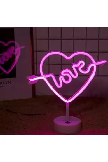  303  Kalpli Love Yazılı Dekoratif Neon Pilli Led Masa ve Gece Lambası