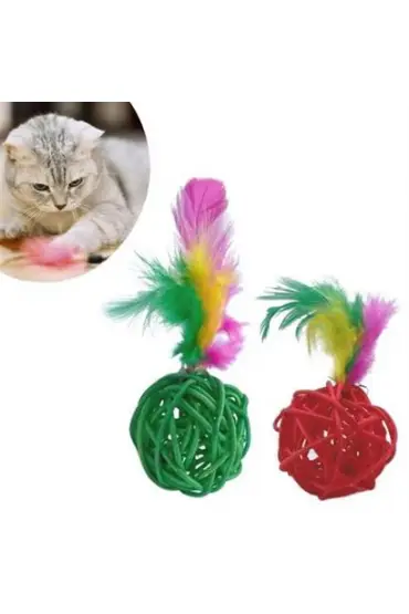  303  2li Rattan Renkli Peluş Tüy Kedi Köpek Oyuncak Yakalama Çiğneme Çıngıraklı Top Oyuncağı