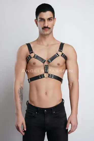  41 Erkek Deri Göğüs Harness, Erkek Parti Akseuar, Partywear - Ürün Rengi:Kırmızı