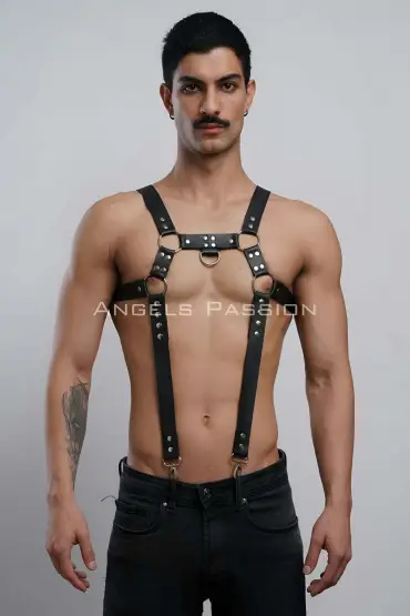  41 Erkek Göğüs Harness, Erkek Deri Pantolon Askısı, Erkek Clubwear - Ürün Rengi:Kırmızı