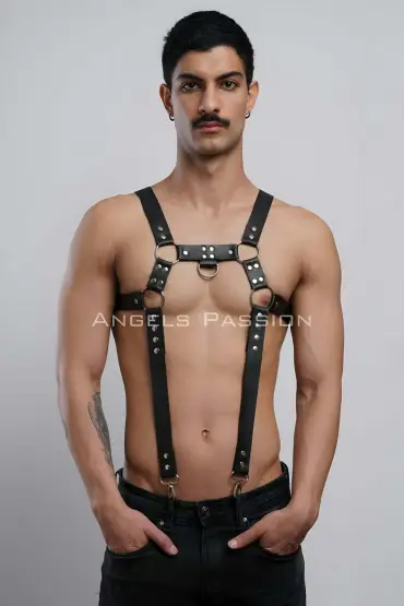  41 Erkek Göğüs Harness, Erkek Deri Pantolon Askısı, Erkek Clubwear - Ürün Rengi:Kırmızı