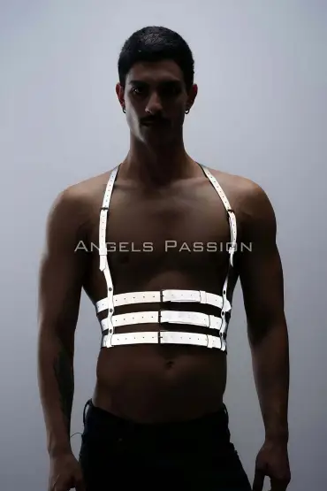  41 Reflektörlü (Karanlıkta Parlayan) Erkek Göğüs Harness, Parti Aksesuar, Clubwear - Ürün Rengi:Beyaz Reflektör