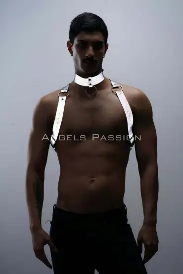  41 Karanlıkta Parlayan (Reflektörlü) Choker ve Göğüs Harness Takım, Clubwear - Ürün Rengi:Beyaz Reflektör