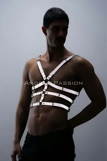  41 Karanlıkta ParlayanReflektörlü Erkek Göğüs Harness, T-Shirt Üzeri Harness - Ürün Rengi:Beyaz Reflektör