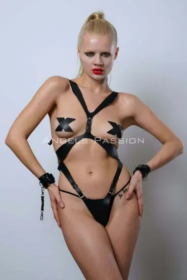  41 Kelepçeli Full Body Harness Set, Deri Fantezi İç Giyim, Bayan İç Giyim - Ürün Rengi:Siyah