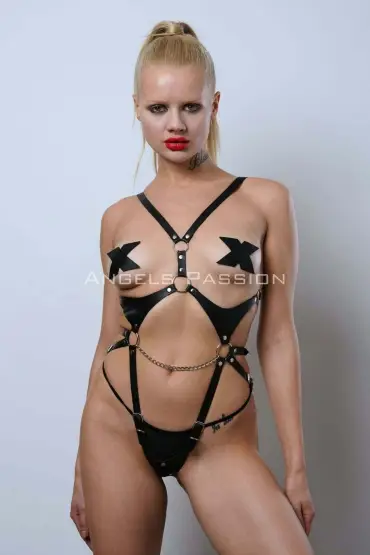  41 Ağ Bölgesi Açık Deri Body Harness, Deri Fantezi Giyim, Clubwear - Ürün Rengi:Kırmızı