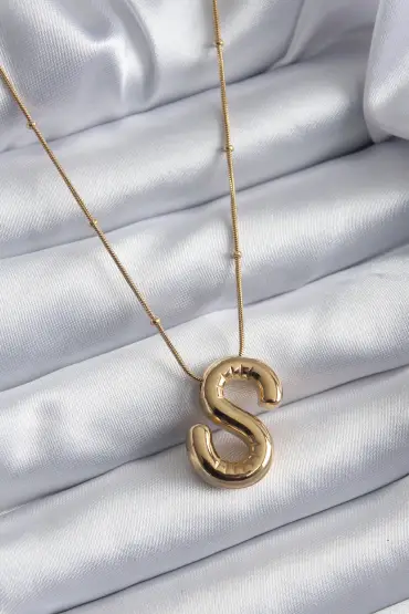  943  316L Çelik Gold Renk Bubble "S" Harf Model Kadın Kolye