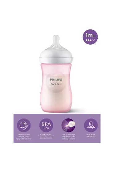  193  Avent Doğal Tepkili Natural Response PP Biberon 260ml 1+ Ay Pembe