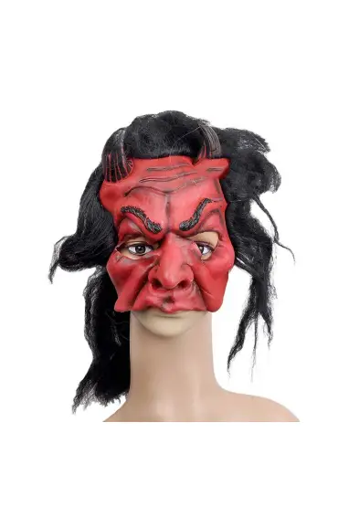  192 Lateks Korku Maskesi Şeytan Boynuzlu Kırmızı Maske Saçlı (4172)