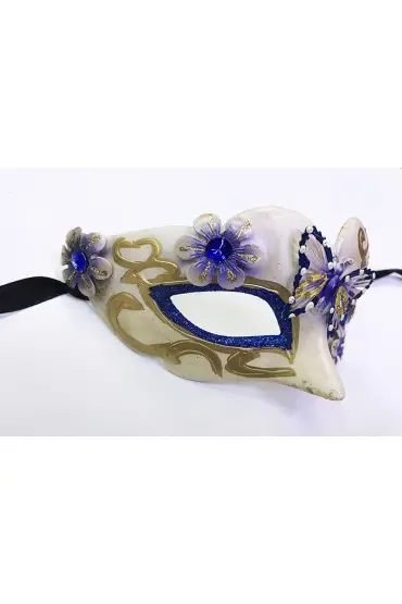 Kelebek İşlemeli Masquerade Venedik Maskesi Mavi Renk 7x16 cm