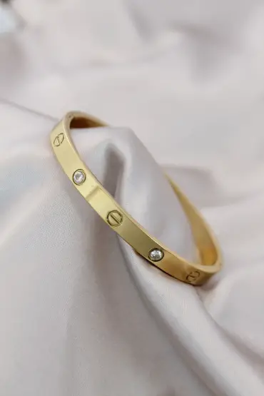 Çelik Gold Renk Zirkon Taşlı Cartier Bileklik - TJ-BB4119