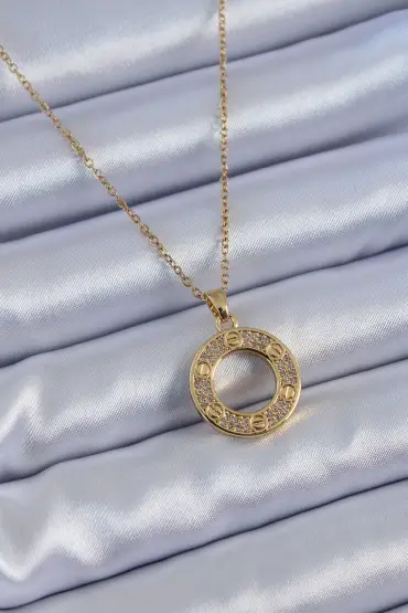 316L Çelik Gold Renk Zirkon Taşlı Cartier Model Kadın Kolye - TJ-BKO7621