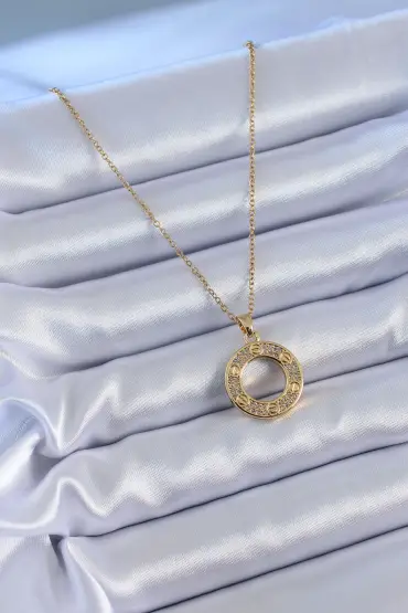 316L Çelik Gold Renk Zirkon Taşlı Cartier Model Kadın Kolye - TJ-BKO7621