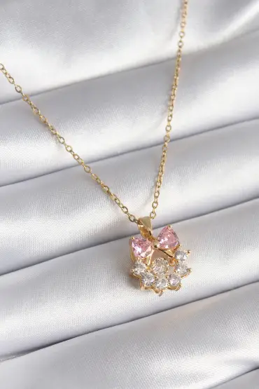 316L Çelik Gold Renk Pembe Zirkon Taşlı Kurdele Model Kadın Kolye - TJ-BKO8263