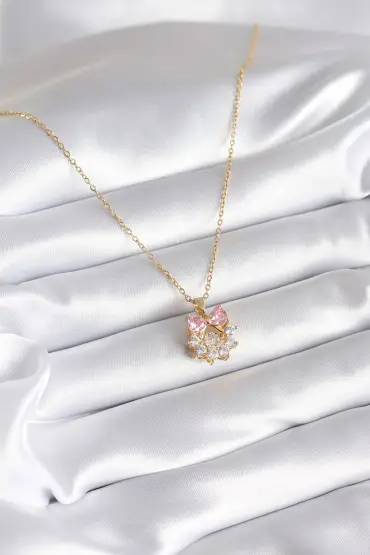 316L Çelik Gold Renk Pembe Zirkon Taşlı Kurdele Model Kadın Kolye - TJ-BKO8263